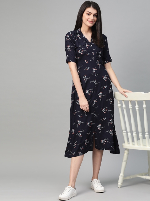 

Nayo Women Navy & Off-White Printed A-Line Dress, Navy blue