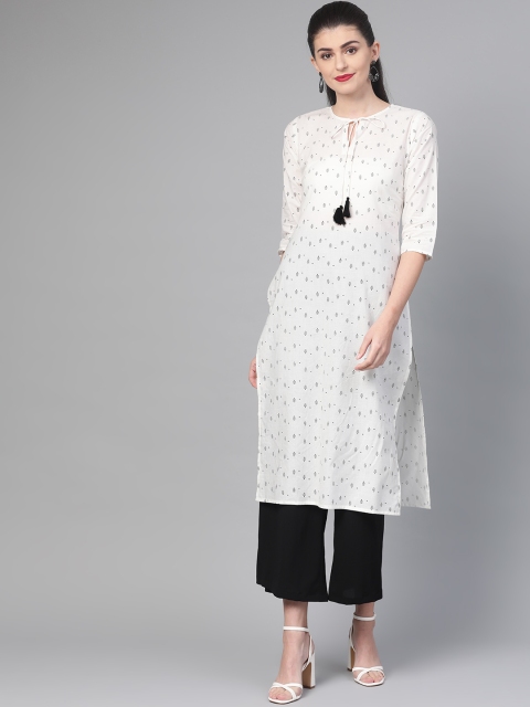 

Nayo Women White & Black Printed Straight Kurta