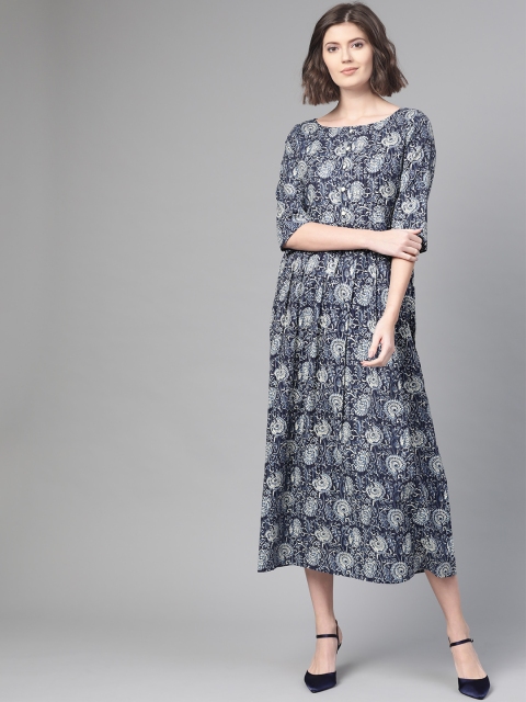 

Nayo Women Navy Blue & Cream-Coloured Printed A-Line Dress
