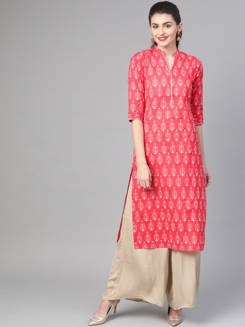 

Nayo Women Pink & White Printed Straight Kurta