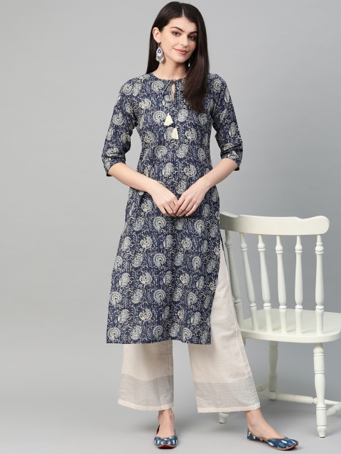 

Nayo Women Navy Blue & Beige Printed Straight Kurta