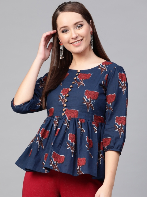 

Nayo Women Navy Blue & Maroon Floral Printed A-Line Pure Cotton Top