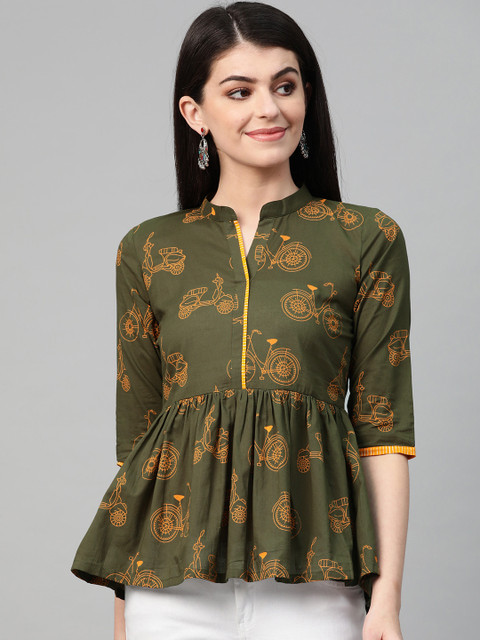 

Nayo Women Olive Green & Orange Printed Peplum Top