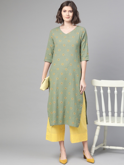 

Nayo Women Green & Yellow Printed Straight Kurta