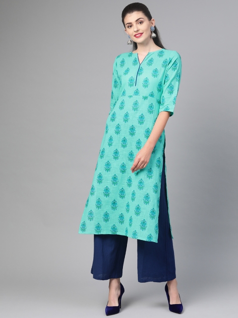 

Nayo Women Green & Blue Printed Straight Kurta