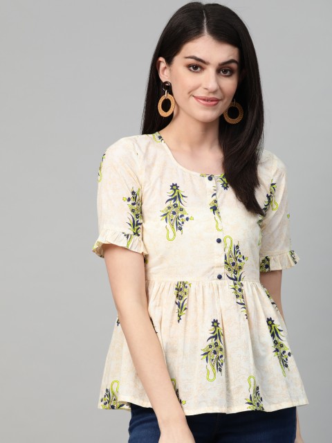 

Nayo Women Cream-Coloured & Navy Blue Printed A-Line Top