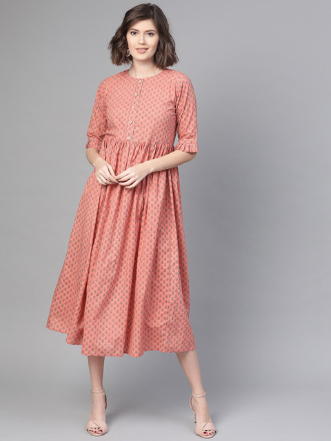 

Nayo Women Peach-Coloured & Grey Printed A-Line Dress