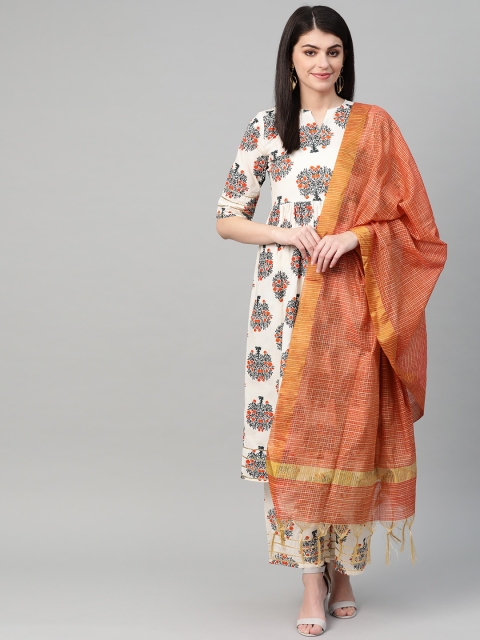 

Nayo Women Off-White & Orange Printed Kurta with Palazzos & Dupatta