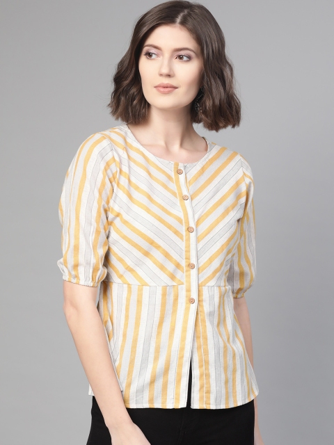 

Nayo Women Off-White & Yellow Striped A-Line Pure Cotton Top