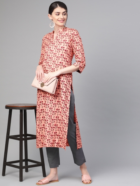 

Nayo Women Peach-Coloured & Grey Printed Kurta with Trousers