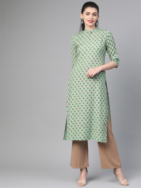 

Nayo Women Green & Mustard Brown Printed Straight Kurta