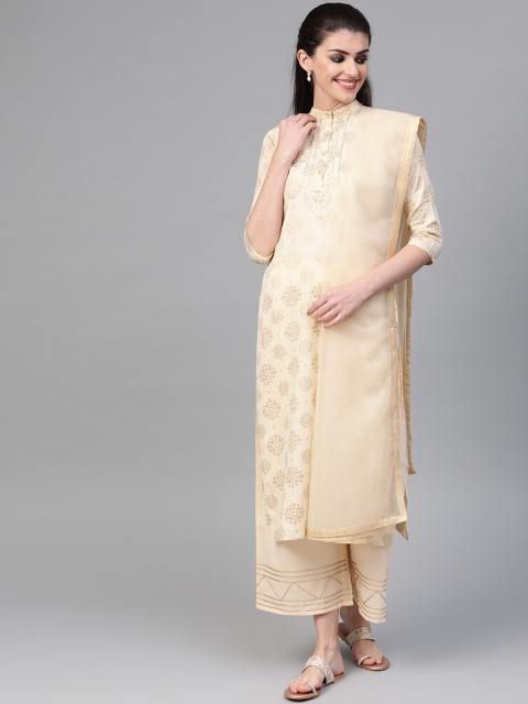 

Nayo Women Cream & Golden Printed Kurta with Palazzos & Dupatta