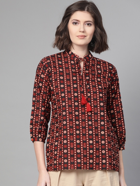 

Nayo Women Black & Rust Orange Printed Top