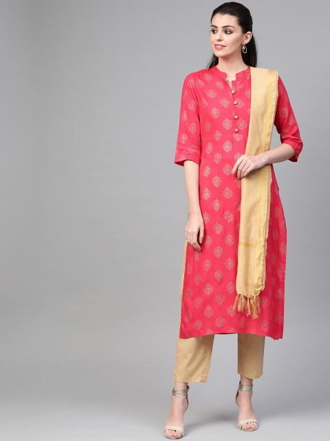 

Nayo Women Pink & Beige Foil Print Kurta with Trousers & Dupatta