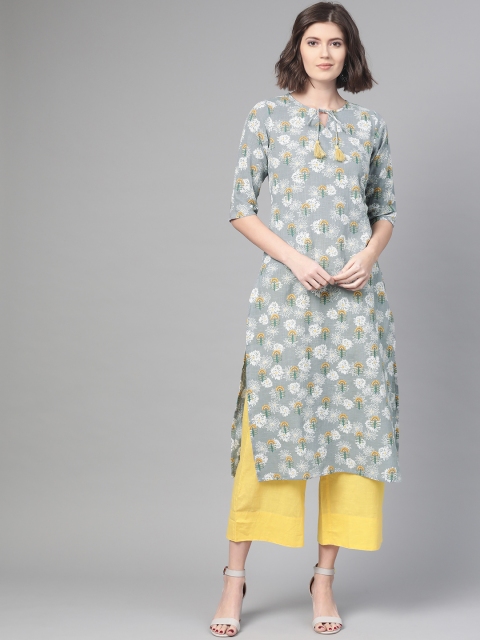 

Nayo Women Grey & White Floral Print Straight Kurta