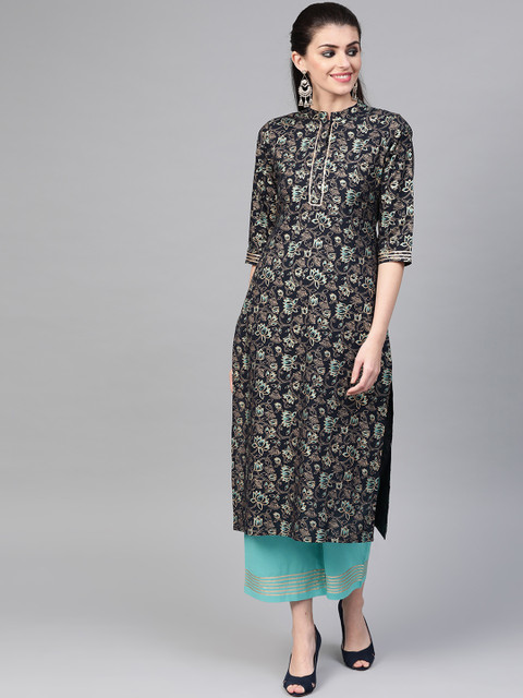 

Nayo Women Navy Blue & Sea Green Printed Kurta with Palazzos