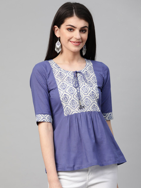 

Nayo Women Blue & Off-White Printed A-Line Top