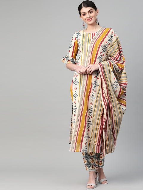 

Nayo Women Beige & Teal Blue Striped Kurta with Trousers & Dupatta