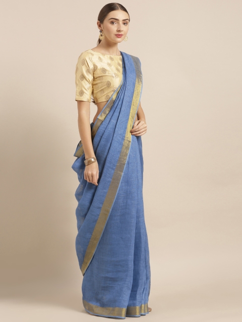 

KALASATI Blue Pure Linen Solid Handloom Bhagalpuri Saree