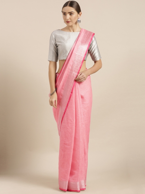 

KALASATI Pink & Silver-Coloured Pure Linen Striped Bhagalpuri Saree