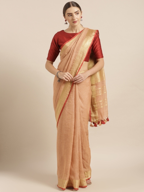 

KALASATI Beige & Golden Pure Linen Solid Bhagalpuri Saree