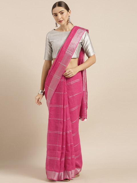 

KALASATI Fuchsia Pink & Silver Pure Linen Handloom Checked Bhagalpuri Saree