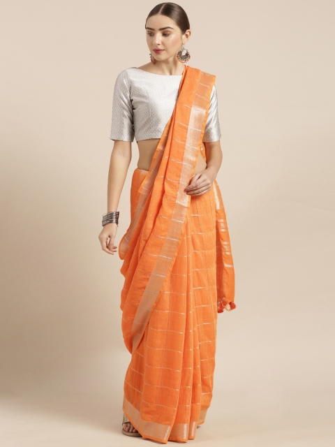 

KALASATI Orange Linen Blend Checked Handloom Bhagalpuri Saree