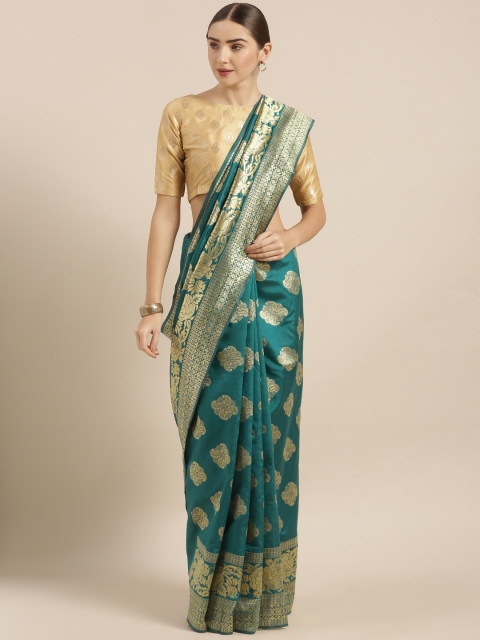 

KALASATI Green & Gold-Coloured Art Silk Woven Design Handloom Bhagalpuri Saree