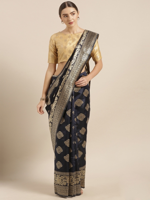 

KALASATI Navy Blue & Golden Woven Design Handloom Bhagalpuri Saree