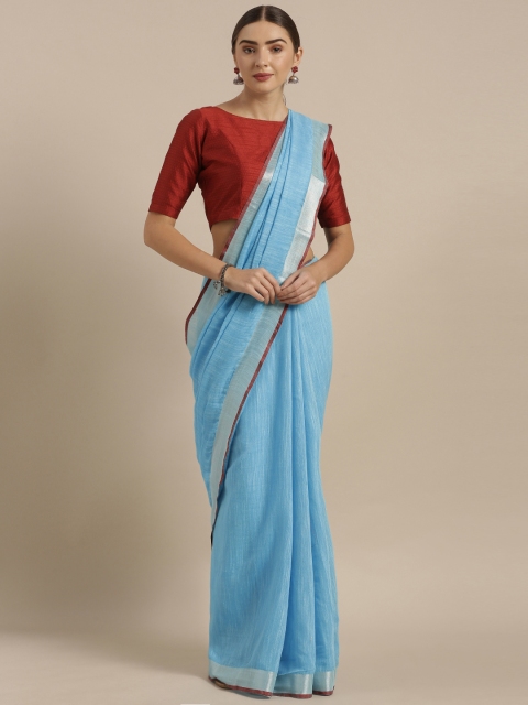 

KALASATI Blue & Silver-Coloured Linen Blend Handloom Solid Bhagalpuri Saree