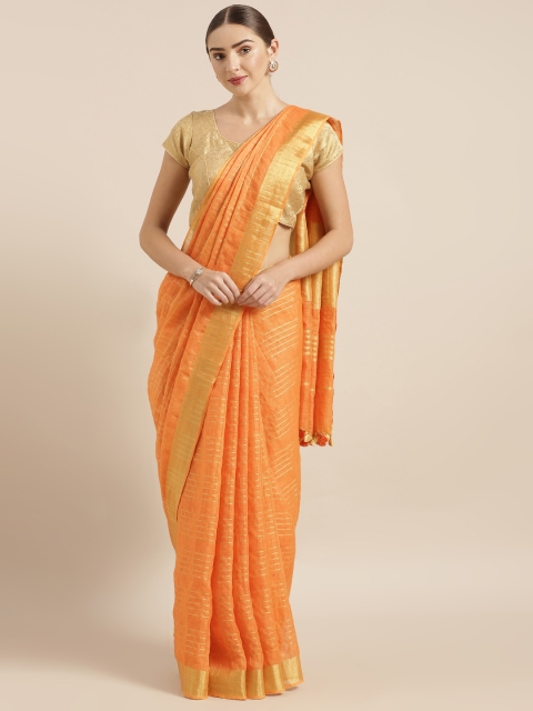 

KALASATI Orange Pure Linen Checked Handloom Bhagalpuri Saree