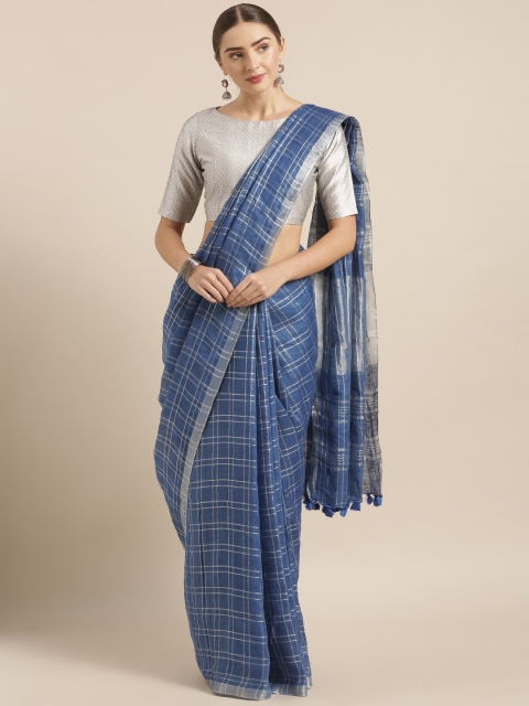 

KALASATI Navy Blue & Silver-Toned Pure Linen Checked Bhagalpuri Saree