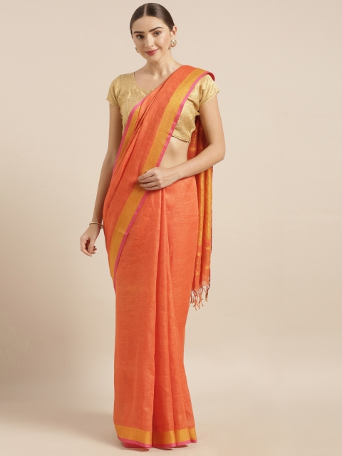 

KALASATI Orange Pure Linen Solid Handloom Bhagalpuri Saree