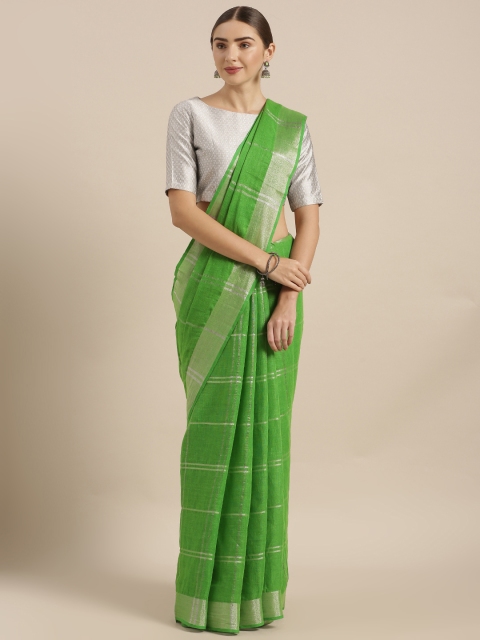 

KALASATI Green & Silver Pure Linen Checked Handloom Bhagalpuri Saree