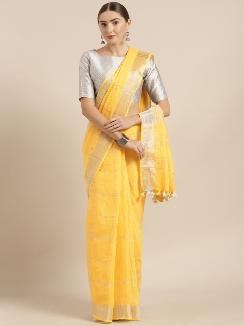 

KALASATI Yellow & Silver-Toned Pure Linen Checked Bhagalpuri Saree