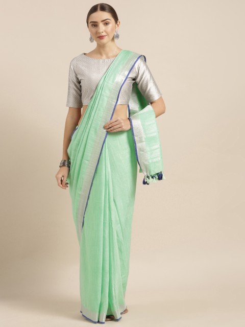 

KALASATI Green Linen Blend Solid Handloom Bhagalpuri Saree