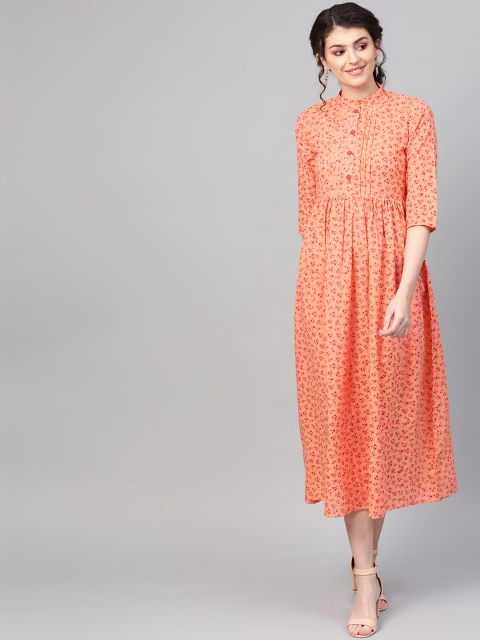 

AASI - HOUSE OF NAYO Women Peach-Coloured & Olive Green Printed A-Line Dress