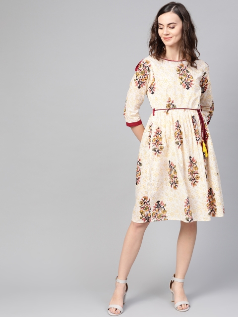 

AASI - HOUSE OF NAYO Women Off-White & Yellow Printed A-Line Dress