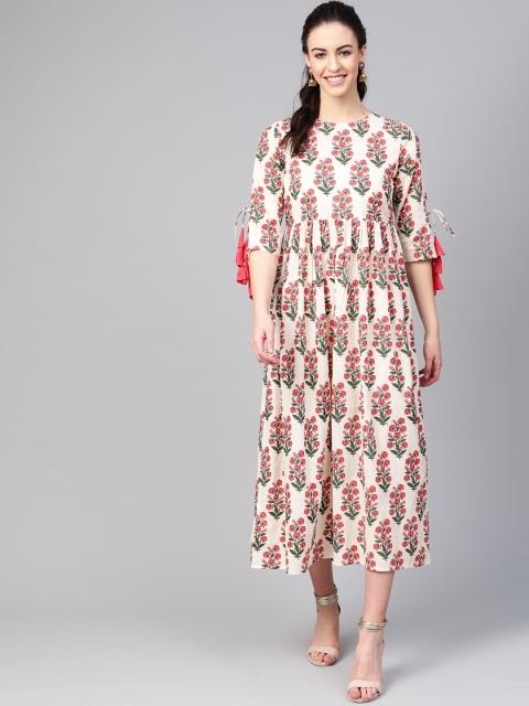 

AASI - HOUSE OF NAYO Women Cream-Coloured & Pink Printed A-Line Dress