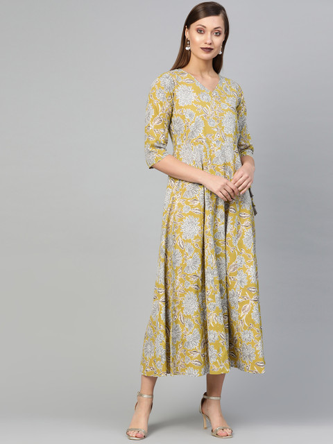 

AASI - HOUSE OF NAYO Women Lime Green & Grey Printed Maxi Dress