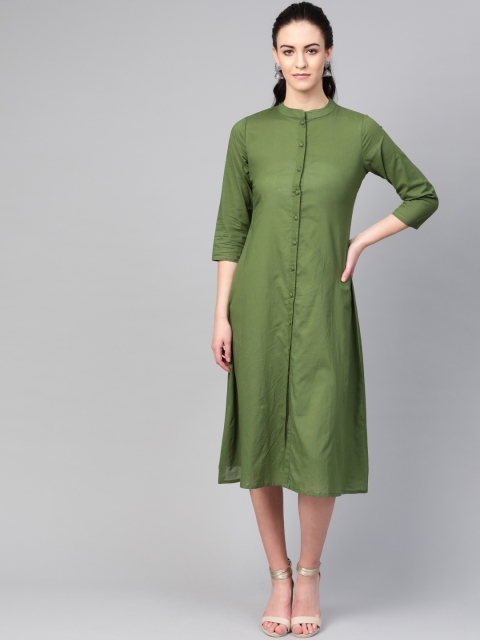 

AASI - HOUSE OF NAYO Women Olive Green Solid A-Line Dress