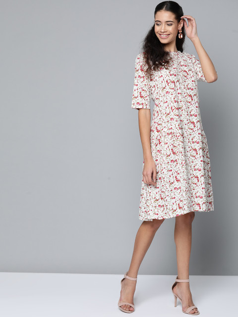 

AASI - HOUSE OF NAYO Women White & Pink Printed A-Line Dress