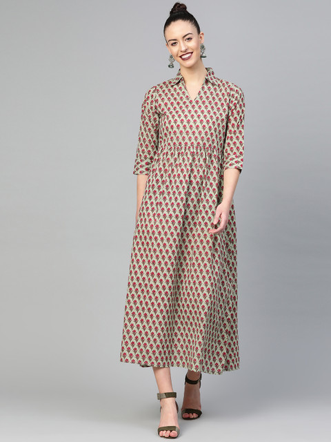 

AASI - HOUSE OF NAYO Women Green & Pink Printed Maxi Dress