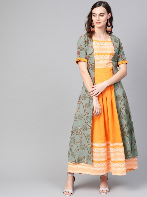 

AASI - HOUSE OF NAYO Women Orange & Green Printed Layered Maxi Dress