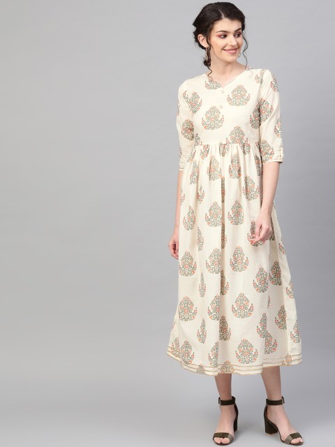 

AASI - HOUSE OF NAYO Women Cream-Coloured & Green Printed A-Line Dress