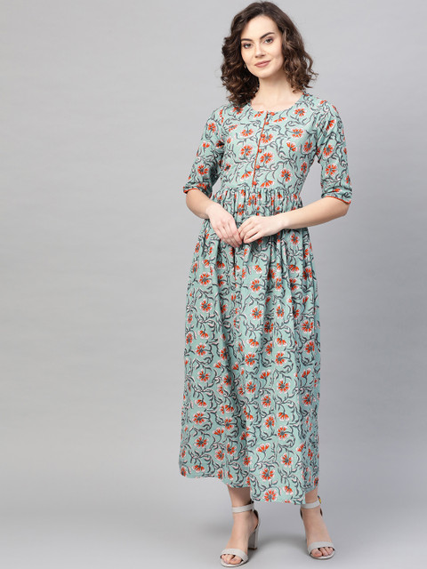 

AASI - HOUSE OF NAYO Women Blue & Orange Printed Maxi Dress