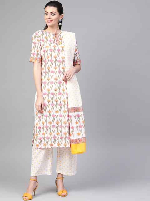 

Nayo Women White & Yellow Printed Kurta with Palazzos & Dupatta