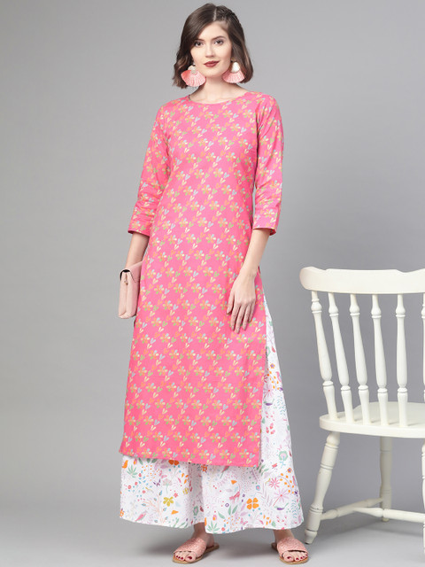 

Nayo Women Pink & White Printed Kurta with Skirt