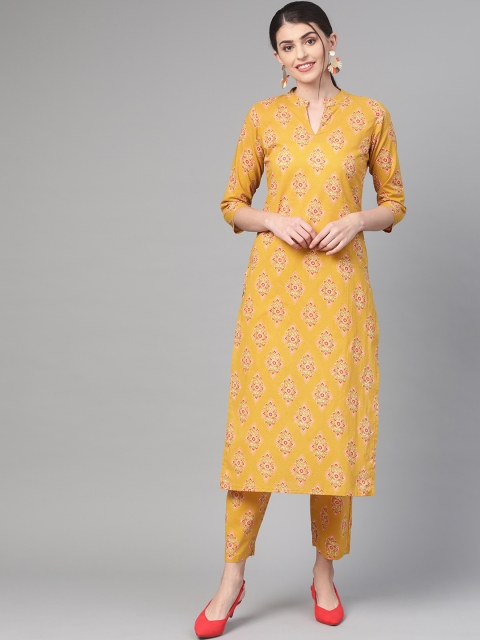 

Nayo Women Mustard Yellow & Peach-Coloured Printed Kurta with Trousers