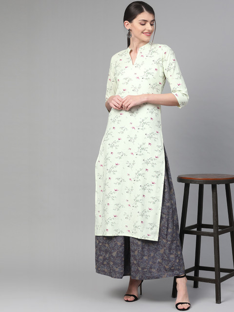 

Nayo Women Green & Charcoal Grey Printed Kurta with Skirt
